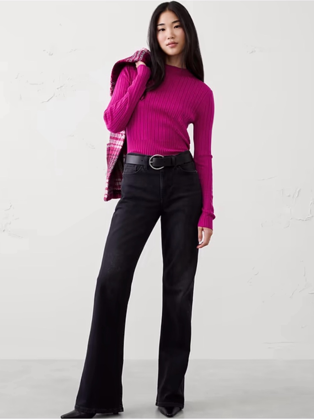 Banana Republic Ribbed Wool Long Sleeve Top Size XS Hot Pink Sweater Zip Back
